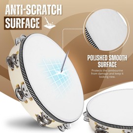 Flexzion Tambourine, Hand Drum with Handle, 25 cm, Wooden Moon Shaped Jinglehead, Music Percussion Instrument, Double Row Bell Ring with 16 Pairs of Metal Jingles, for KTV & Party, Beige