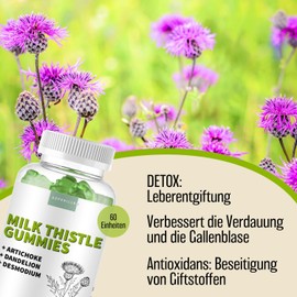 Milk Thistle Gummy Bears for Liver Detoxification with Artichoke, Dandelion and Desmodium - High Dose with 80% Silymarin - Vegan Milk Thistle Gummies - Apple Flavour - 60 Units