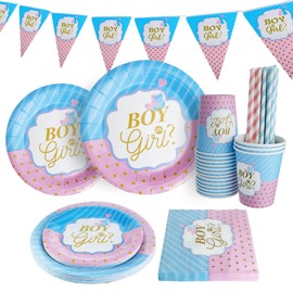 Bymivofun 126-Piece Gender Reveal Tableware, for 25 Guests, Boys or Girls Paper Tableware, for Children Theme Birthday Party Baby Shower