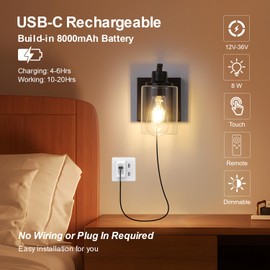 Battery Operated Wall Sconce with Remote Control, 8000mAh USB Rechargeable Wireless Wall Lamp Vintage, Dimmable Touch Wall Lights with Clear Glass Shade, for Bedroom Living Room Hallway, Black, 2PCS