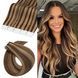 UK-Fashion-Shop Tape in Hair Extensions Human Hair Remy Real Hair 22 Inch (20 pcs) #4P27 Medium Brown mix Dark Blonde50g Skin Weft Straight Natural Invisible