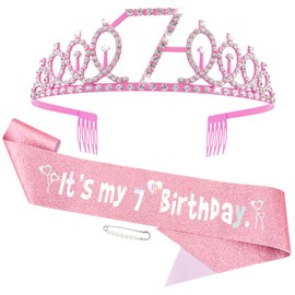 Hapdoo 7th Birthday Decorations for Girls Set - Happy 7th Birthday Princess Crown and Glitter Sash, 7 Year Old Girl Tiara Party Decorations Supplies Outfit Accessory Gifts