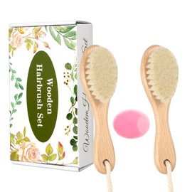 Baby Wooden Brush and Comb Set, 2Pcs Natural Goat Bristles Hair Brush with Cradle Cap Comb for Newborns Toddlers Newborn Boys Girls (Pink)