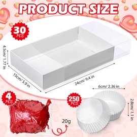 Dunzoom 30 Sets of Cookie Boxes, 9.5x5.9x1.8 Inches Bakery Boxes with Clear Lids, 250 Paper Food Trays and 4 Raffia, Pastries Macaron Strawberries Box for Thanksgiving Christmas Party(White)