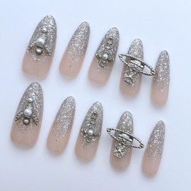 Handmade Press-On Nails with Hand-Painted Cross Design and a Shiny Finish in Medium Almond Shape, Reusable Hand-Painted Nails, Including Tool Kit, 10 Pieces (SHN023-S, S)