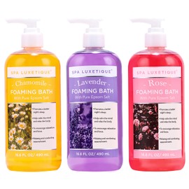 Spa Luxetique Bubble Bath, Foaming Bath with Epsom Salt, Chamomile Rose and Lavender Scent Bathing Set, 3 Pack 49.8 fl oz Christmas Gifts Set for Women and Men