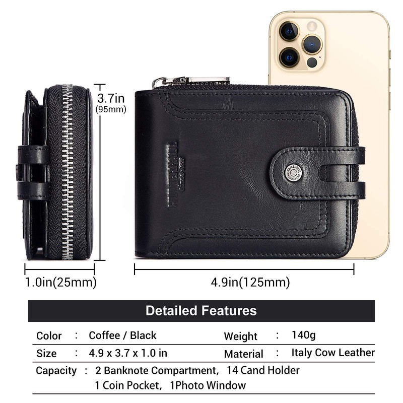 HUMERPAUL Mens Wallet Genuine Leather RFID Blocking Zipper Bifold Wallets