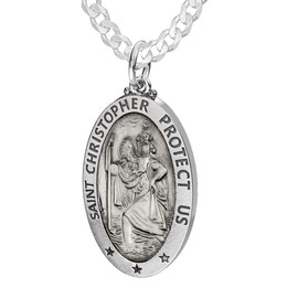 US Jewels Men's 925 Sterling Silver 29mm Saint Christopher Oval Antique Pendant 3.7mm Curb Chain Necklace, 26in