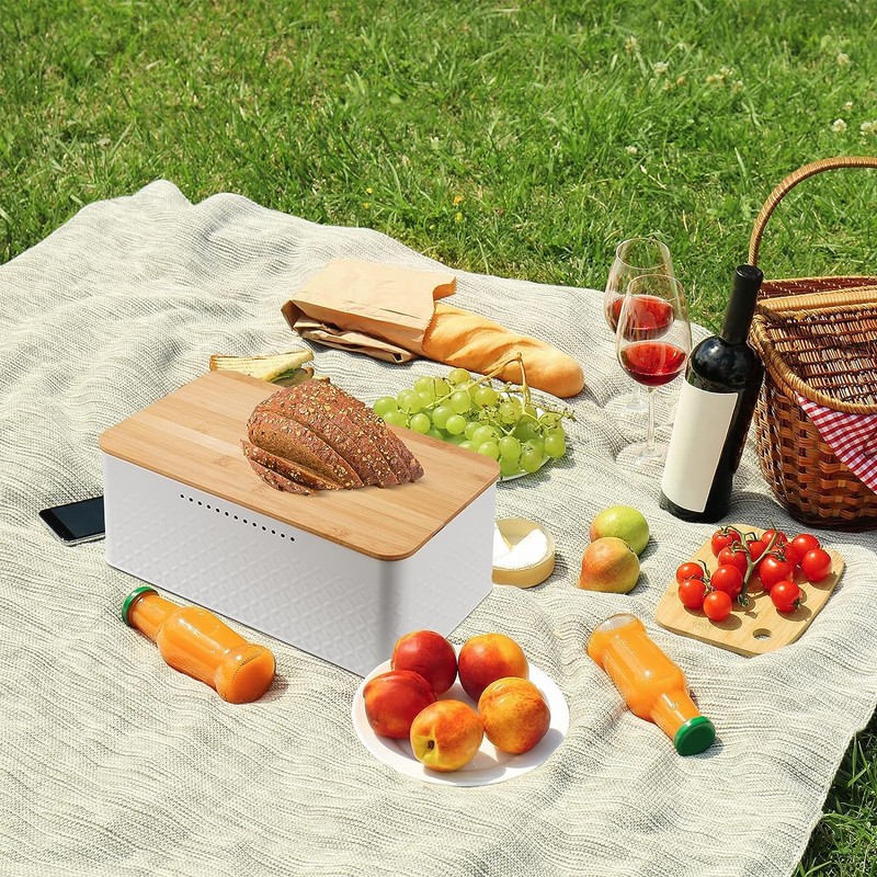 Widousy Bread Bin with Bamboo Lid, White Bread storage box