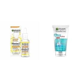 Garnier Skin Active Express Aclara Serum Anti Manchas con Vitamina C - 1 x 30 ml  Face Gel 3 En 1 Pureactive, 150 ml                                  