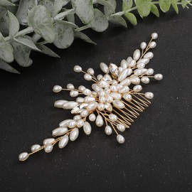 Teyglen Pearl Wedding Hair Comb Bridal Hair Comb with Rhinestone Vintage Pearl Beads Headpiece Handmade Gold Silver Pearl Beads Crystal Hair Piece Hair Accessories for Women Bride Girls (Gold)
