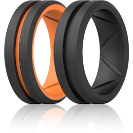ThunderFit Silicone Wedding Rings for Men, Bevelled 2 Layers MidLine 8.2mm Wide 2.5mm Thick - 1/2/3/4/5/6/7 Variety Multipack (Black, Orange-Black - Size 15.5-16 (23.47mm))
