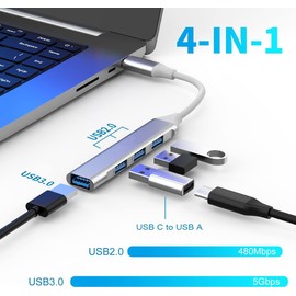 USB-C Hub, 4 Ports USB Hub USB Splitter USB C to USB A dapter, USB-C Expander Hub for Laptop, Ultra Thin Portable Data Hub for MacBook Pro/Air, iMac, Surface Pro, XPS, PC (Grey)