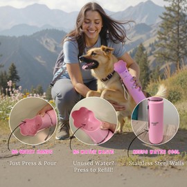Waggle Bottle Stainless Steel Dog Travel Water Bottle, Vacuum Insulated Portable Dog Water Dispenser, Drink Cup and Snack Container On The Go, Outdoor Walking, Hiking, Travel (Pink, 22oz)