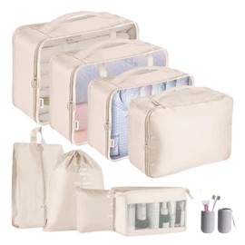 Travel Packing Cubes, Packing Cubes for Suitcases, 9 Pcs Waterproof Portable Travel Cubes Luggage Organiser, Lightweight Travel Accessories for Clothes Shoes Cosmetics Storage(Beige)