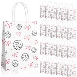 Spiareal 24 Pcs Volleyball Bow Paper Gift Bags with Handles, Volleyball Party Favors Snack Goodies Bags for Team Sport Birthday Themed Party for Decorations, Game Celebration