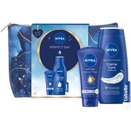 NIVEA Perfect Day Geschenkset, Pflegeset mit feuchtigkeitsspendenden Pflegeprodukten, Geschenkbox mit Hand Creme, Labello, Body Milk und Kulturtasche