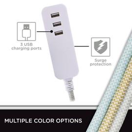 Cordinate Designer 3-USB Charging Extension Cord with Surge Protection, Gray, Braided Décor Fabric Cord, 10 ft, Low-Profile Plug, 3.4A USB Charging Ports for up to 40% Faster Charging, 37920