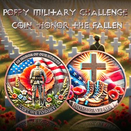 ASmileIndeep Poppy Military Challenge Coins - Memorial Coin Honoring Fallen Heroes with Poppy and Cross Veterans Challenge Coin Military Poppy Remembrance Token Patriotic Memorabilia Gift