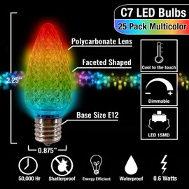 MIK Solutions C7 LED Bulb (Pack of 25) Multicolor Replacement Christmas Light Bulbs Faceted Retrofit Candle Shape Commercial Grade E12 Socket Roof Lights Bulbs