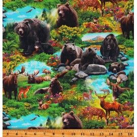 Fields Fabrics Cotton Moose Deer Bears Animals Multicolor Fabric Print by Yard D487.88
