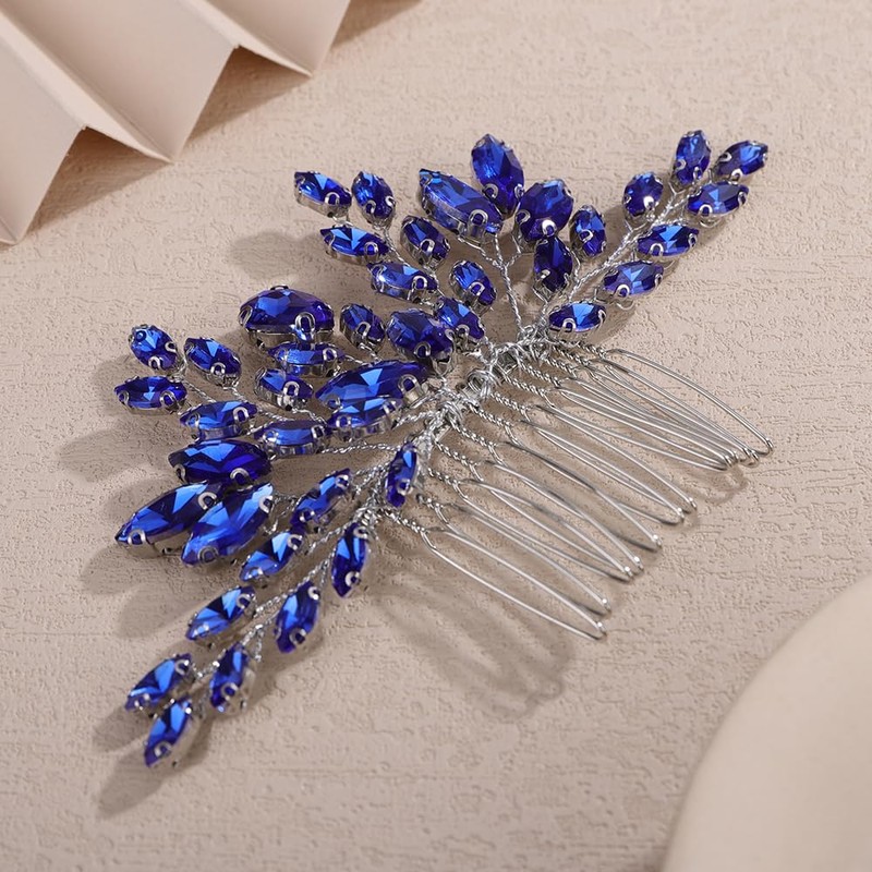 Teyglen Blue Teardrop Crystal Hair Comb Full Rhinestone Wedding Hair