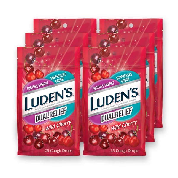 Luden's Soothing Dual Relief Cough Drops, Wild Cherry Flavor, 25 Count, 6 Pack