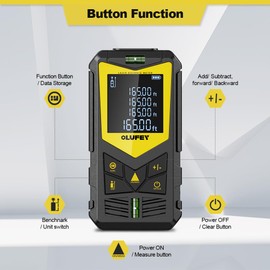 OLUFEY Laser Measurement, 120M Laser Rangefinder, Portable Digital Measuring Tool, IP54 Rangefinder with Spirit Level and Backlit LCD Display