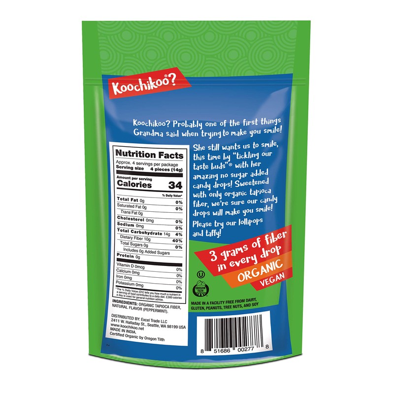 Koochikoo Sugar Free Organic Drops Pouch, Mint, 16 CT (Pack