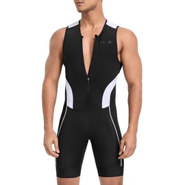 Santic Men's Triathlon Suit Sleeveless Skinsuit Wetsuit Quick Dry Swim Bike Run with Padded and Pockets,Black/White,L