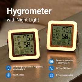 HubiBaby Digital Hygrometer Indoor Thermometer Humidity Meter Room Thermometer, Humidity Monitor for Home, Bedroom, Baby Room, Office, Greenhouse, Cellar, Portable Nightlight (Light Wood)