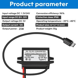 DC 12V/24V to 5V USB C 5A 25W Step Down Converter Type-C Interface Buck Charge Module Waterproof Power Adapter
