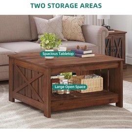 DWVO Square Coffee Tables for Living Room Farmhouse Coffee Table with Storage, 2-Tier Wood Center Table with Half Open Storage Compartment, Espresso