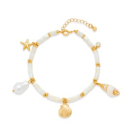 ENSKEFEN Boho Ocean White Beaded Charm Bracelets for Women Dainty Gold Starfish Conch Shell Mermaid Bracelet with Pearl Crystal Summer Beach Statement Adjustable Chain Bracelet