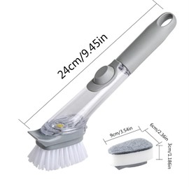 Soap Gray Dispensing Dish Brush With Buckle Sponge，Non-Scratch Kitchen Scrubber for Pots, Pans, Sink, Non-Stick Cookware, Built-In Scraper & Ergonomic Handle