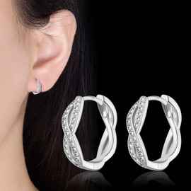 Twisted Linear Hoop Earrings, Sterling Silver Cubic Zirconia Hoop Earrings for Women Girls│Hypoallergenic Silver Huggie Hoops for Wedding Christmas Jewellery Gifts