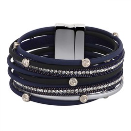 Emibele Layered Leather Bracelet, Bohemian Style Multilayer Bracelet with Cubic Zirconia Wraps Bracelet for Women Ladies Adult, Dark Blue