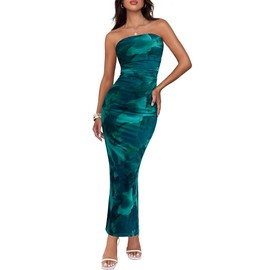 BTFBM Women's Floral Maxi Dresses Summer 2025 Strapless Tube Bodycon Mesh Layered Cocktail Party Wedding Guest Dress(Floral Lake Blue, Small)