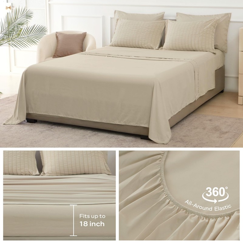 JELLYMONI Seersucker Comforter Set Queen Size with Sheets, Cream Grey