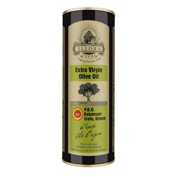 Aceite de oliva virgen extra Ellora Farms | único Estate (Kolymvari) | prensado en frío y trazable | aceitunas coroneiki PDO certificadas, creta, Grecia | Kosher OU | Lata última intervensión de BPA de 17 onzas