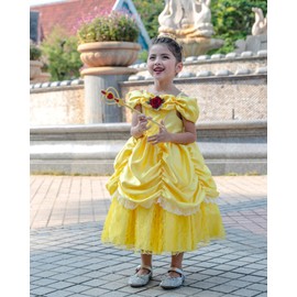 TYHTYM Kids’ Princess Dress Costume, (Dress, Tiara etc) Gorgeous 7-Piece Set, 3’3” - 4’7” (100 - 140 cm), Cosplay, Yellow, One Piece, Events, Stage Costume, Performance (8 - 9 Years, Belle)