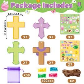 BeYumi Easter Cross Necklace Craft - 28Pcs Easter Religious Cross Necklace Craft Kit for Kids DIY He is Risen Sticker Cross and Beads Necklace Christian Decor Sunday School Classroom Party Activities