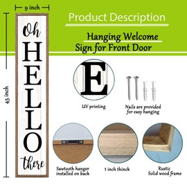 Oh Hello There Outdoor Welcome Sign For Front Porch Standing 45"X9" Large Rustic Farmhouse Vertical Tall Long Wooden Framed Outside Front Door Home Wall Decoration (Wood White)