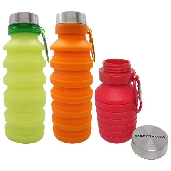 Gadgetime USA 3 Pack Silicone Collapsible Water Bottle - Reusable,