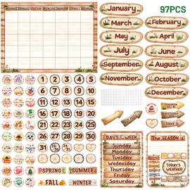 Fancy Land Rustic Classroom Calendar Bulletin Board Set Wood Grain Design Classroom Bulletin Board Decoration 97 Pcs