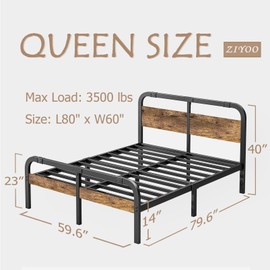 ZIYOO Industrial Style Metal Queen Bed Frame with Rustic Wood Headboard and Footboard, 14 Inch High Heay Duty Steel Slats Support No Box Spring Needed，Easy Assembly Structure