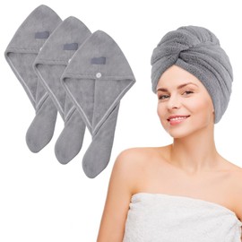 VIVOTE Hair Towel Wrap, Anti-Frizz Quick Drying Microfibre Hair Towel, Super Absorbent Hair Towel Wrap for Wet, Long Curly Hair Microfibre Hair Turbans with Button, 25cm*65cm Grey 3 Pack