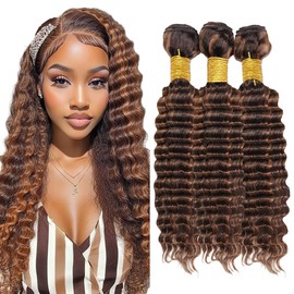 Dokksiiia Deep Wave Bundles Ombre P430 Piano Color Highlight Chocolate Brown and Brown Human Hair Bundles Double Weft Brazilian Human Hair Extensions Silky and Soft for Black Women 14 16 18 Inch