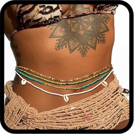 Urieo African Shell Elastic Waist Beads Chain Colorful African Stretchy Belly Bead Layered Beaded Bikini Beach Party Waist Chains Body Jewelry for Women(Pack of 4)