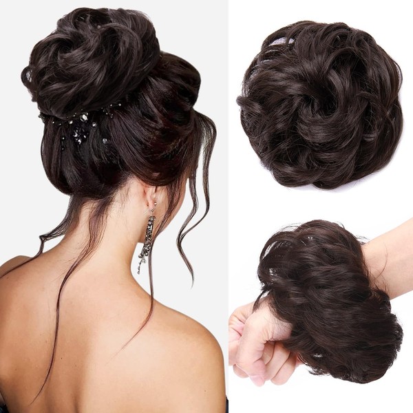 Hairro Messy Hair Bun Extensions Hair Piece Updo Donut (Dark Brown 25g/pc 1pc) Curly Wavy Scrunchies Synthetic Chignon with Elastic Rubber Band Ponytail Hairpiece for Women Hair for Birthday Party